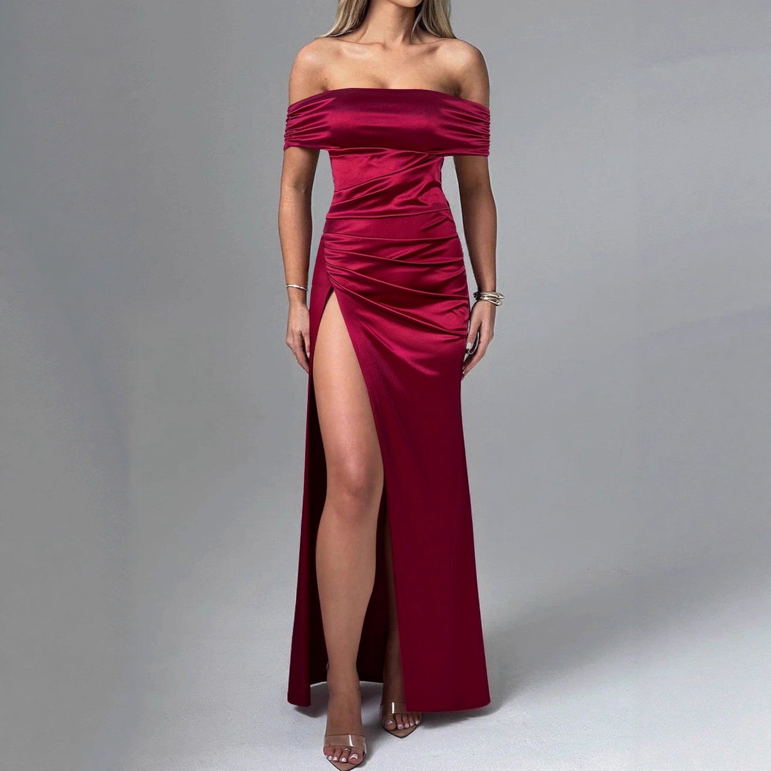 Women Dress Sexy High Split off Neck Slimming Elegant Pleated High Grade Dress by Ragazza