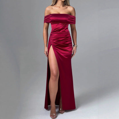 Women Dress Sexy High Split off Neck Slimming Elegant Pleated High Grade Dress by Ragazza