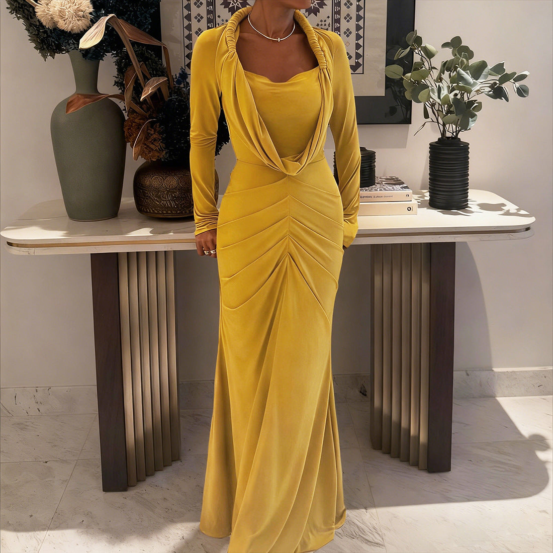 Autumn Winter Women Clothing Fashionable High Grade Solid Color Elegant Pile Collar Sexy Slim Fit Maxi Dress by Ragazza