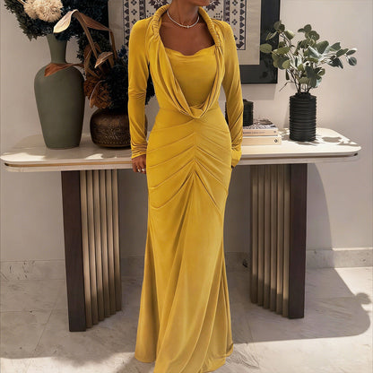 Autumn Winter Women Clothing Fashionable High Grade Solid Color Elegant Pile Collar Sexy Slim Fit Maxi Dress by Ragazza
