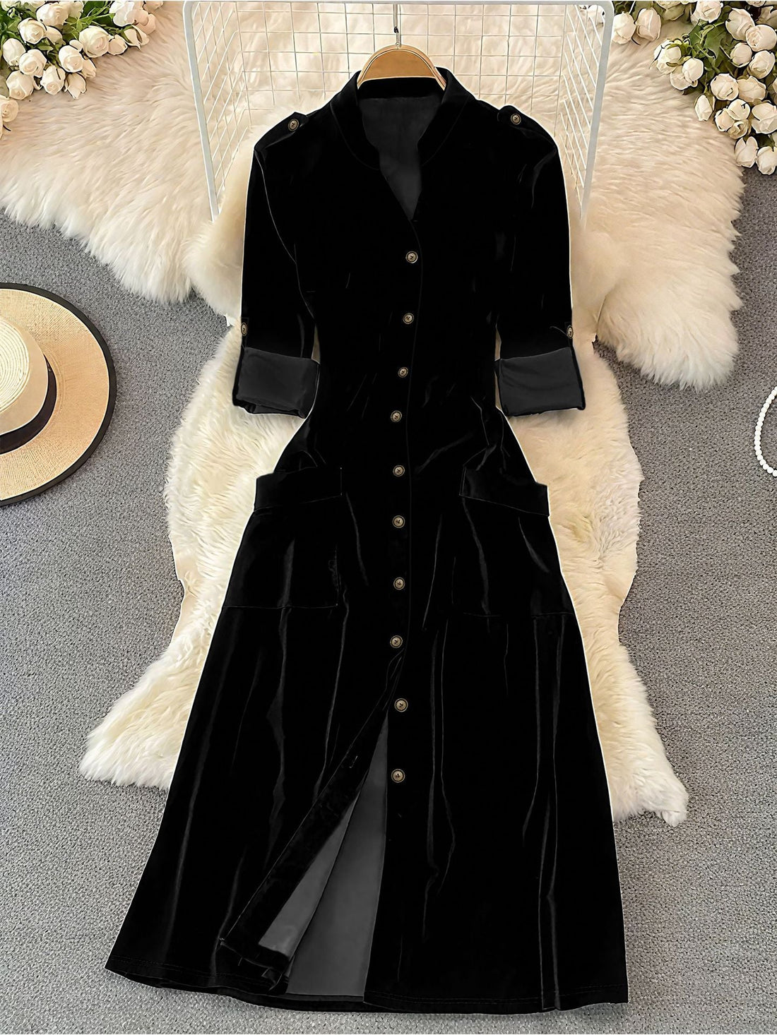 Autumn Winter French Retro Elegant High Grade Velvet Cardigan Dress for Women by Ragazza