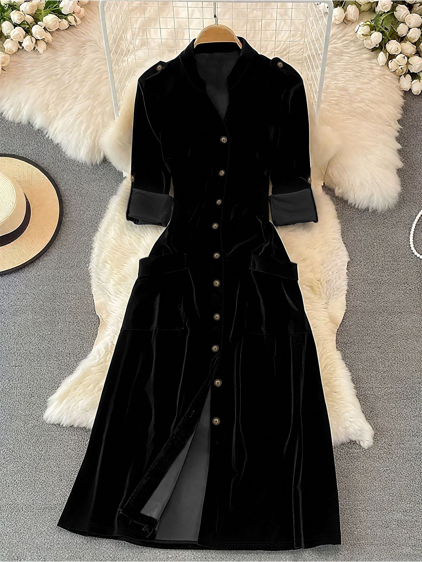 Autumn Winter French Retro Elegant High Grade Velvet Cardigan Dress for Women by Ragazza