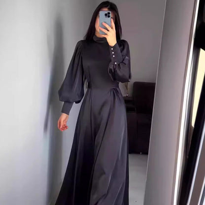 Autumn Waist Solid Color Long Sleeve Slim Fit Belt Retro Dress by Ragazza