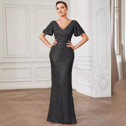 Sexy V Neck Sequ Floor Length Evening Dress Elegant Split Cocktail Party Party Dress by Ragazza