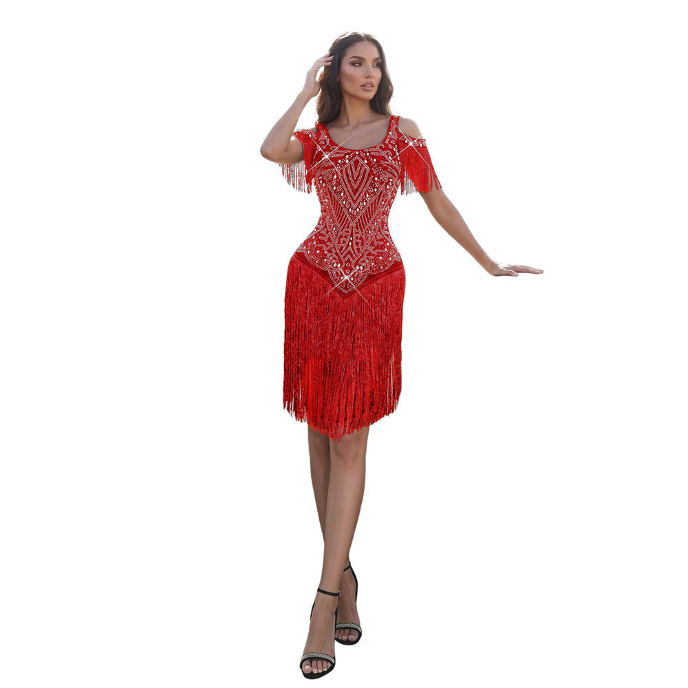 Round Neck Short Sleeves Rhinestone Tassel Dress Women Clothing  DestGlow