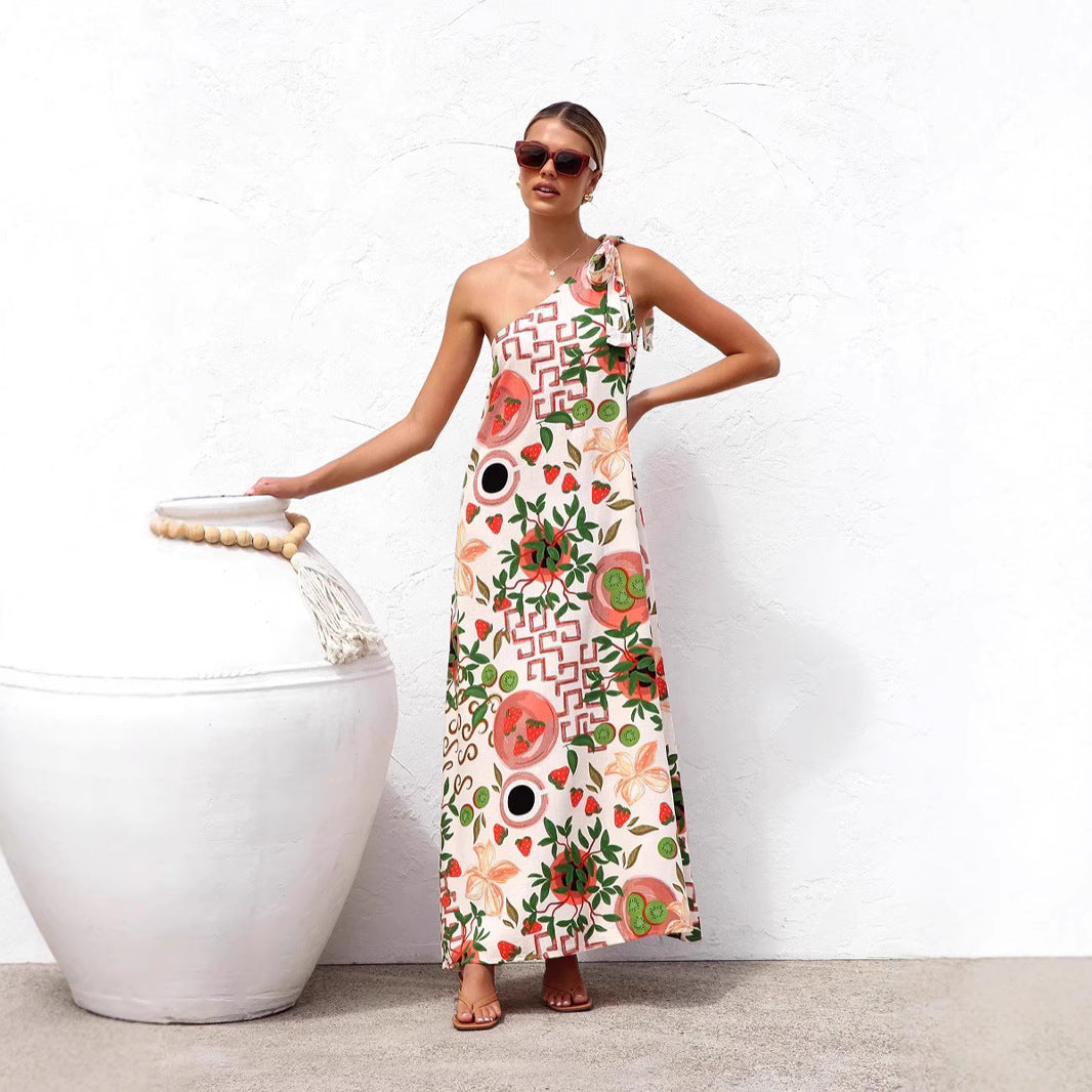 Summer Dress Printed Shoulder Lace up Elegant Dress Women by Ragazza