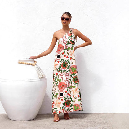 Summer Dress Printed Shoulder Lace up Elegant Dress Women by Ragazza