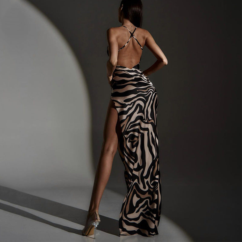 Summer Tiger Pattern Bare Back Mesh Splicing Sling Dress High Slit Beach Vacation Dress by Ragazza