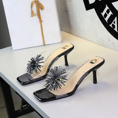 Rhinestone Fireworks Square Toe Open Toe Slippers Women Transparent Slip on Stiletto Heel Outdoor Slippers  DestGlow