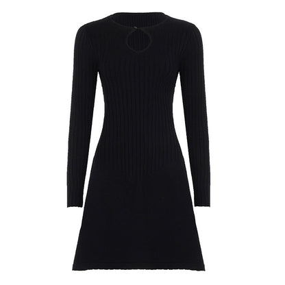Autumn Winter Fashionable Woolen Dress Sexy Cutout Water Drop Collar Long Sleeve Tight Waist A line Dress  DestGlow