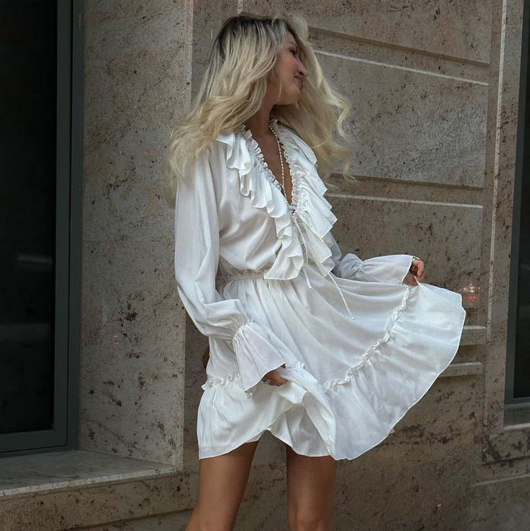 V neck Pleating Bell Sleeve Ruffled White Dress Spring Women Design Petti dress by Ragazza