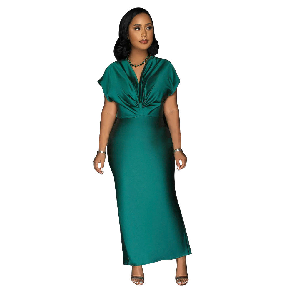 Women Wear V neck Short Sleeve Elegant Slim Back Slit Dress by Ragazza