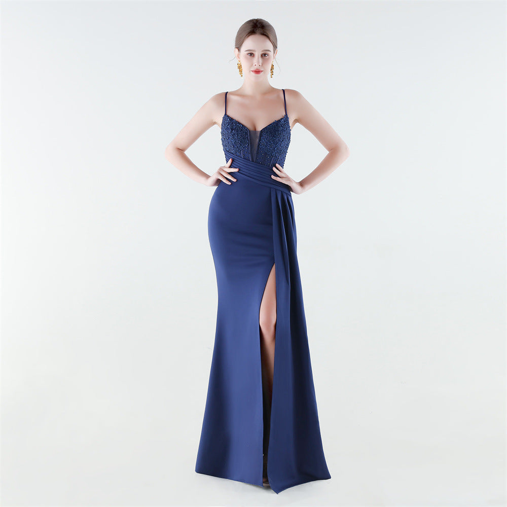Deep V Plunge Waist Tight High Slit Sequin Embroidered Strap Slim Fit Elegant Evening Dress by Ragazza