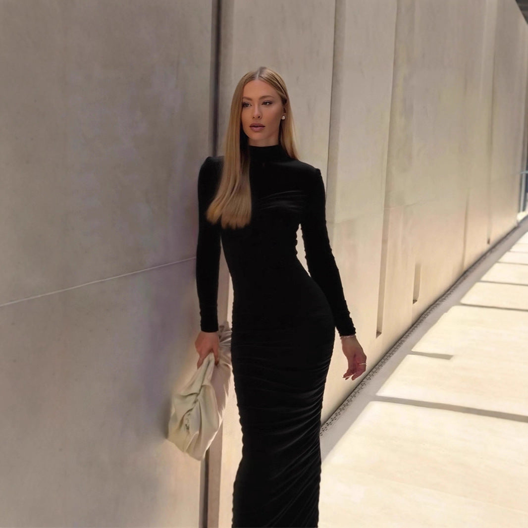 Autumn Elegant Socialite Private Clothing Stand Collar Long Sleeve Waisted Slim Fit Package Hip Pleated Niche Dress by Ragazza
