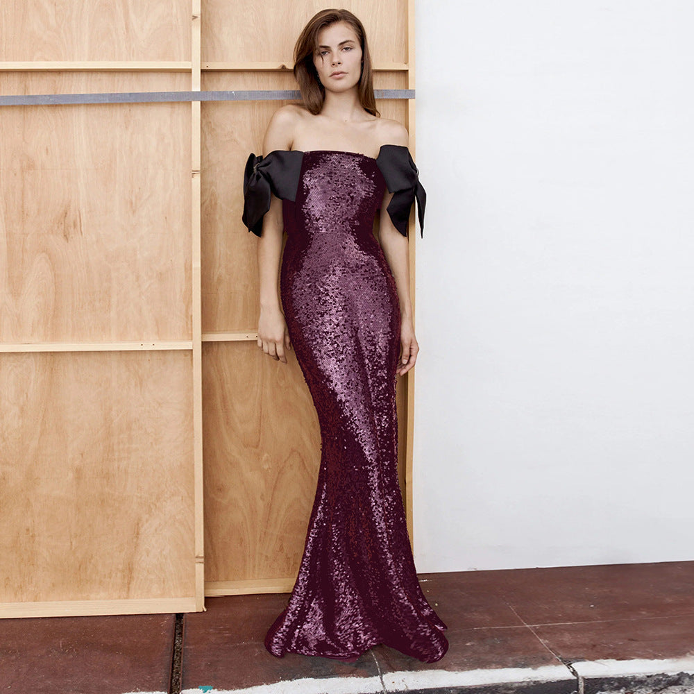 Coffee Color Colorful Sequin Long Evening Dress off Shoulder Black Bow Cocktail Fishtail Dress by Ragazza