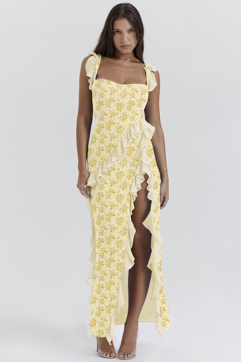 Summer French Strap Wooden Ear Sexy Split Printing Dress by Ragazza