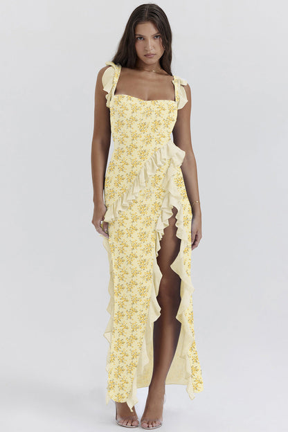 Summer French Strap Wooden Ear Sexy Split Printing Dress by Ragazza
