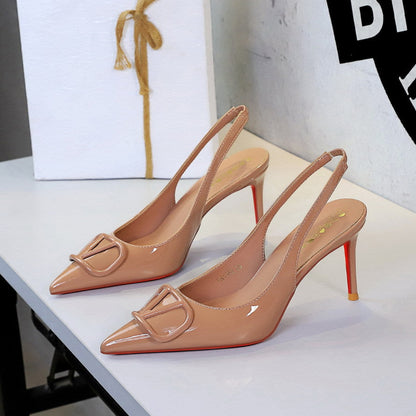 Pointed Stiletto Heel Back Empty V Buckle High Heel Shoes Patent Leather Sexy Red Bottom Party Shoes Pumps Women  DestGlow