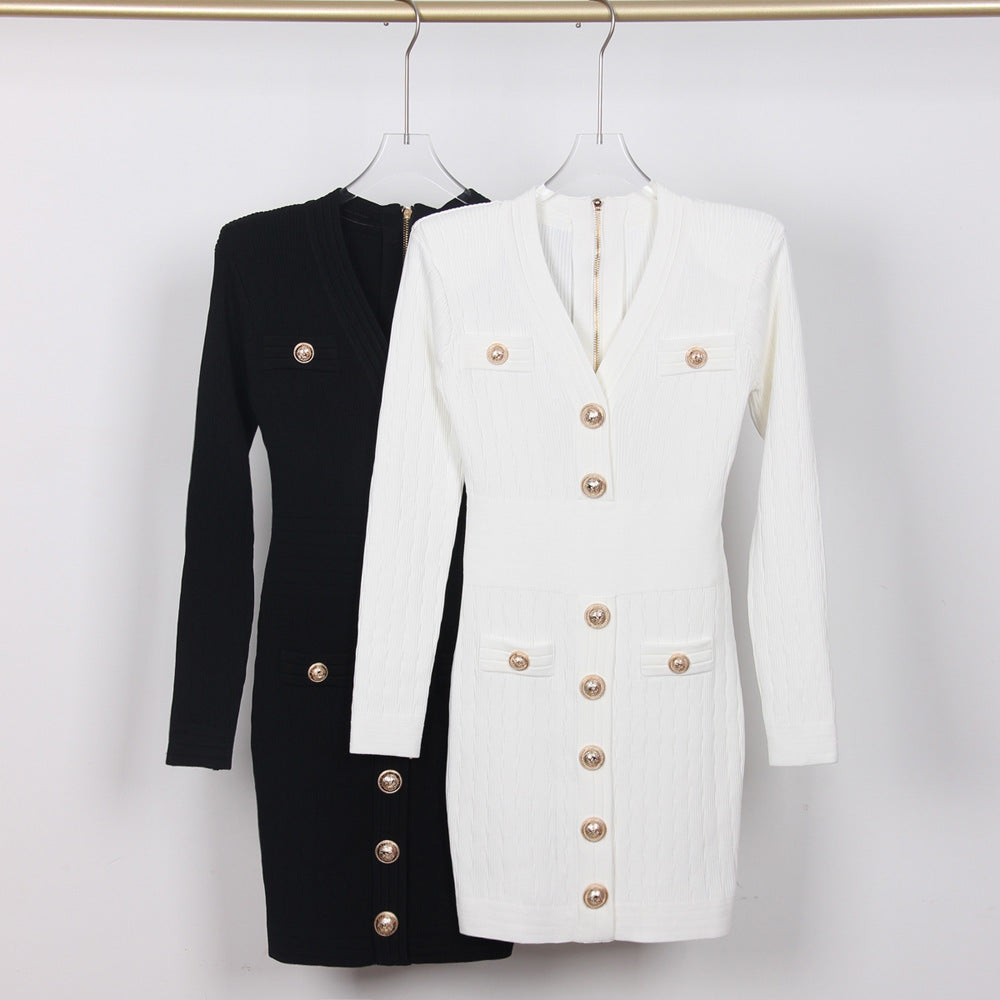 High Quality Knitted Fabric V neck Slim Fit Slimming Long Sleeves Dress by Ragazza