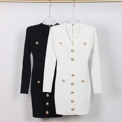 High Quality Knitted Fabric V neck Slim Fit Slimming Long Sleeves Dress by Ragazza