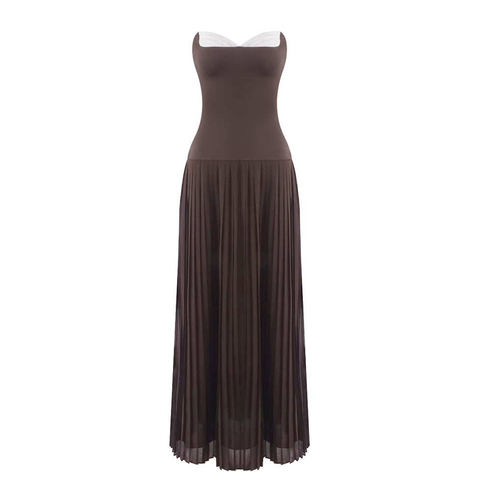 Fall Women Clothing French off Shoulder Ruffled White Coffee Color Matching Pleated Tube Top Dress by Ragazza