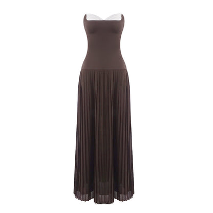 Fall Women Clothing French off Shoulder Ruffled White Coffee Color Matching Pleated Tube Top Dress by Ragazza
