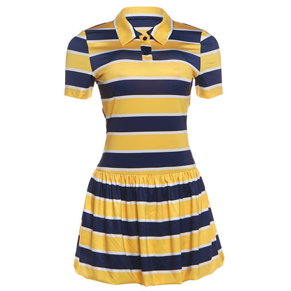 Summer Women Clothing Polo Collar Vintage Stripe Sports Short Sleeve Dress  DestGlow