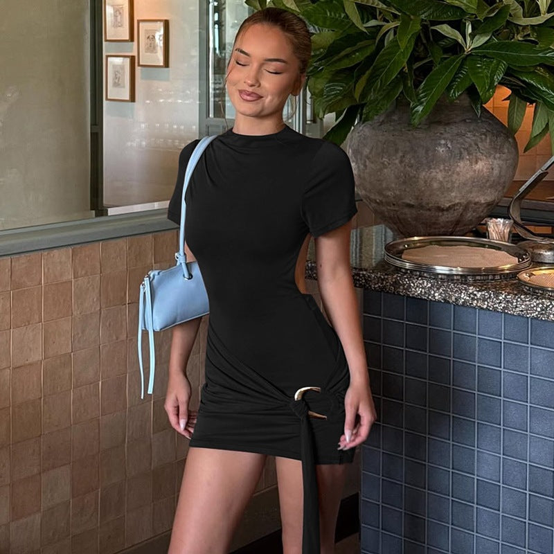 Women Clothing Autumn Fashionable Elegant Solid Color round Neck Short Sleeve Backless Waist Lace up Dress by Ragazza