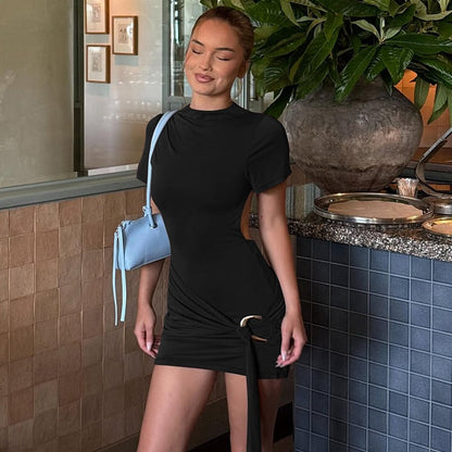 Women Clothing Autumn Fashionable Elegant Solid Color round Neck Short Sleeve Backless Waist Lace up Dress by Ragazza
