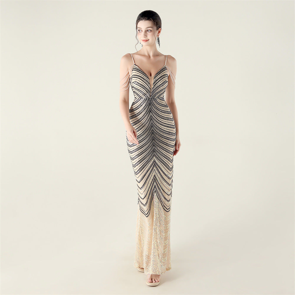 Deep V Plunge neck Wave Gradient Sequin Evening Dress Positioning Floral Cutting Craft Beaded Cocktail Battle Gown by Ragazza