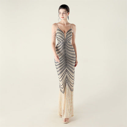 Deep V Plunge neck Wave Gradient Sequin Evening Dress Positioning Floral Cutting Craft Beaded Cocktail Battle Gown by Ragazza