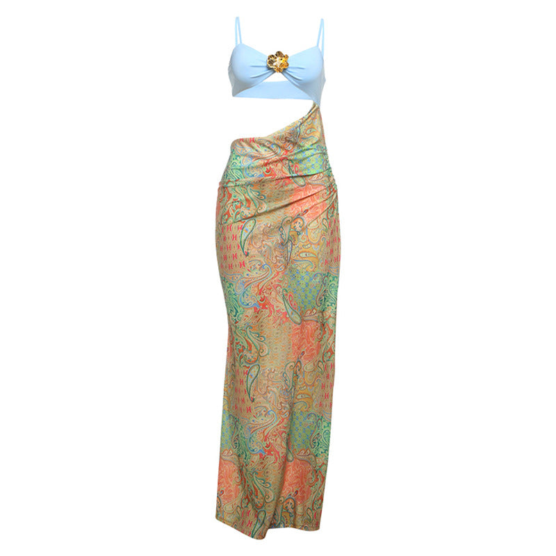 Spring Sexy Strap Stitching Cropped Outfit Printed Dress Contrast Color Backless Dress by Ragazza