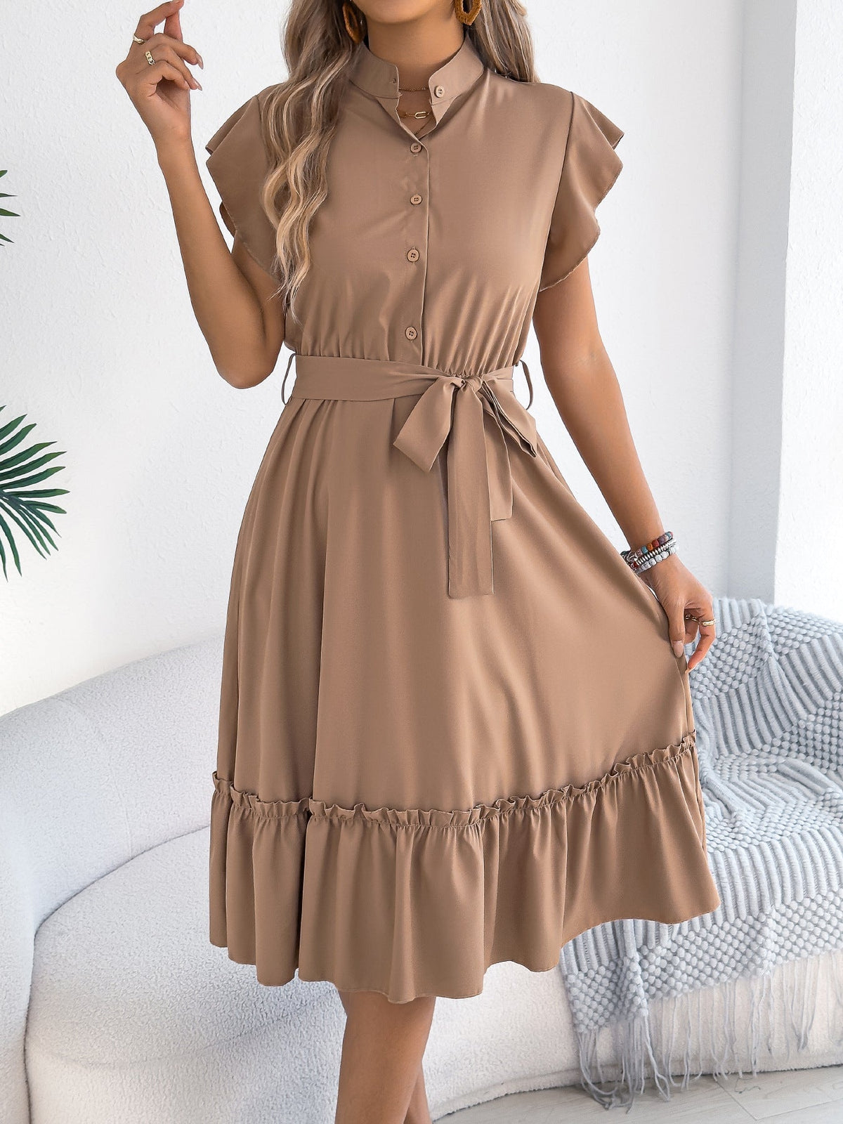 Spring Summer Casual Stand Collar Ruffle Lace up Fitted Waist Shirt Dress Women Clothing  DestGlow