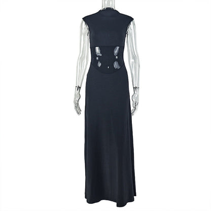 Solid Color Waist Tight Women Clothing Sleeveless Elegant All Matching A line Dress Patchwork Turtleneck Street Maxi Dress by Ragazza