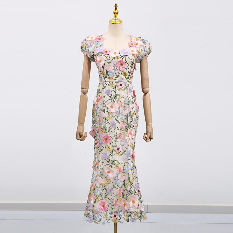 French Romantic Embroidered Design Square Collar Dress Three Dimensional Floral Slim Fit Maxi Dress Women Summer  DestGlow