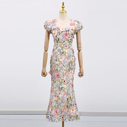 French Romantic Embroidered Design Square Collar Dress Three Dimensional Floral Slim Fit Maxi Dress Women Summer  DestGlow