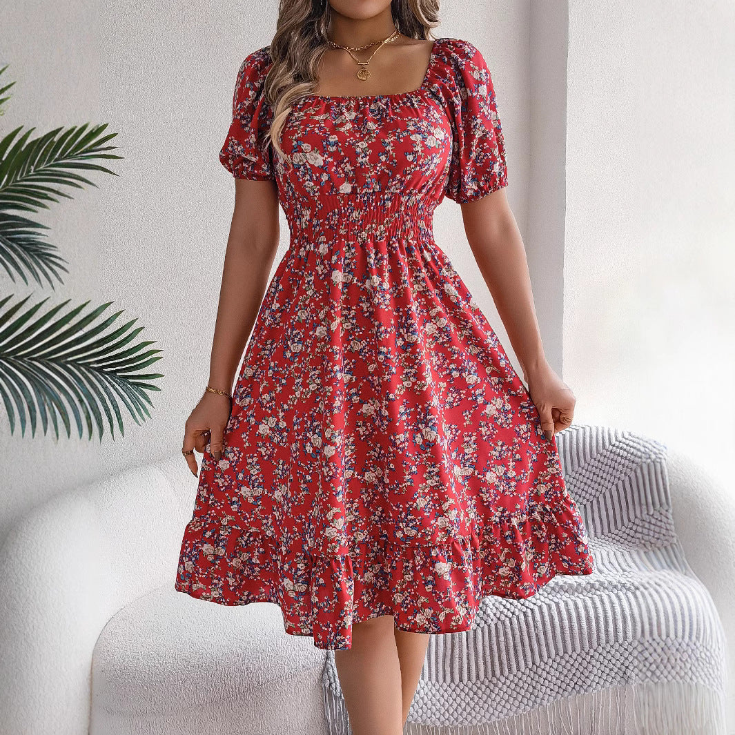 Spring Summer Floral Square Collar Short Sleeve Waist Controlled Ruffled A line Women Clothing by Ragazza
