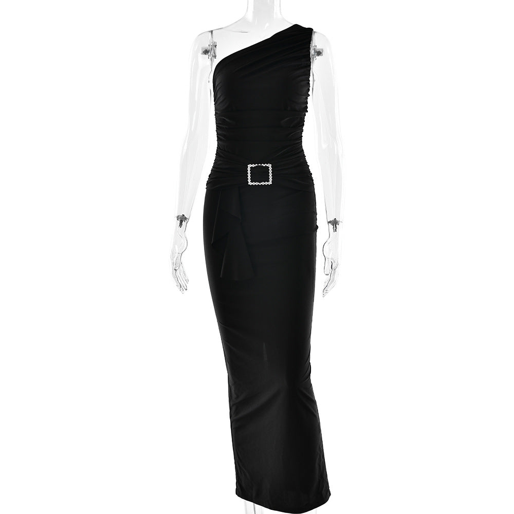 Women Wear Maxi Dress Sexy One Shoulder Pleated Sheath Dress by Ragazza
