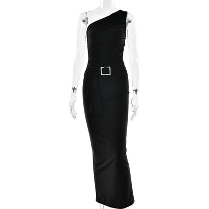Women Wear Maxi Dress Sexy One Shoulder Pleated Sheath Dress by Ragazza
