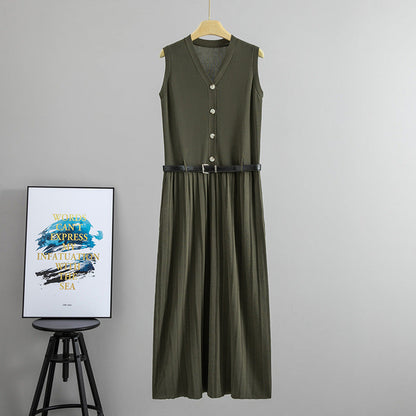 Summer Wear French Sleeveless Knitted Vest Pleated Elegant Dress Belt Cinched Slimming Maxi Dress Women  DestGlow