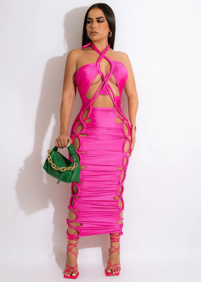 Women Clothing Thick Rope Lace up Elastic Band Double Headed Zipper Dress by Ragazza