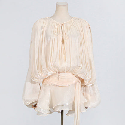 Puff Sleeve Lotus Leaf dress Early Spring Pleated Design Short Mesh Dress Women by Ragazza