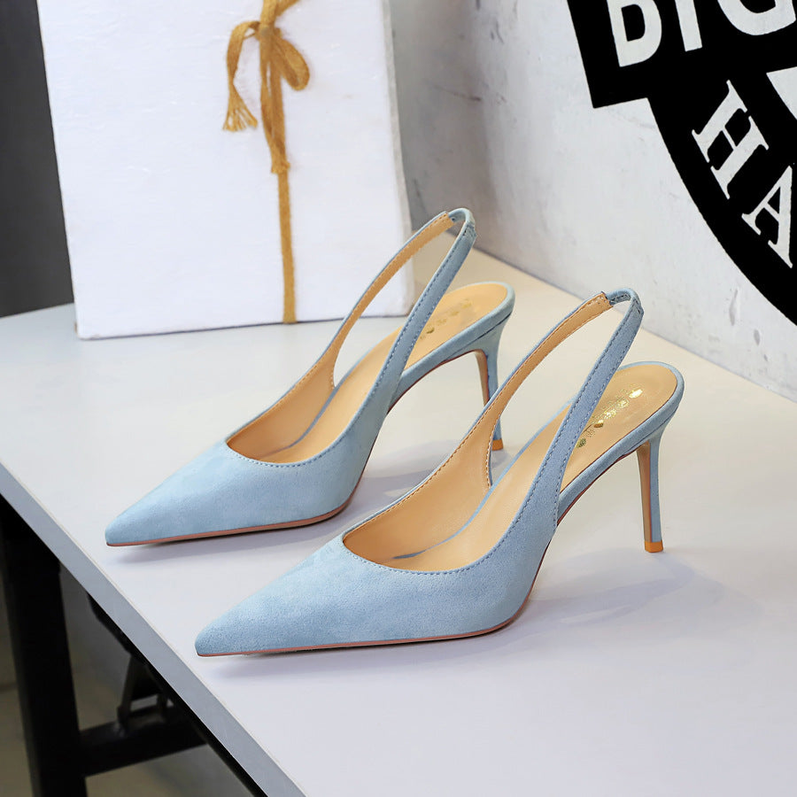 High Grade Suede Stiletto Heel Women Shoes Pointed Toe Low Cut Comfortable Back Empty Back Strap Outdoor Sandals  DestGlow
