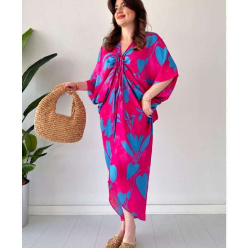 Loose Batwing Sleeve Casual Printing Drawstring Irregular Asymmetric Women Dress by Ragazza