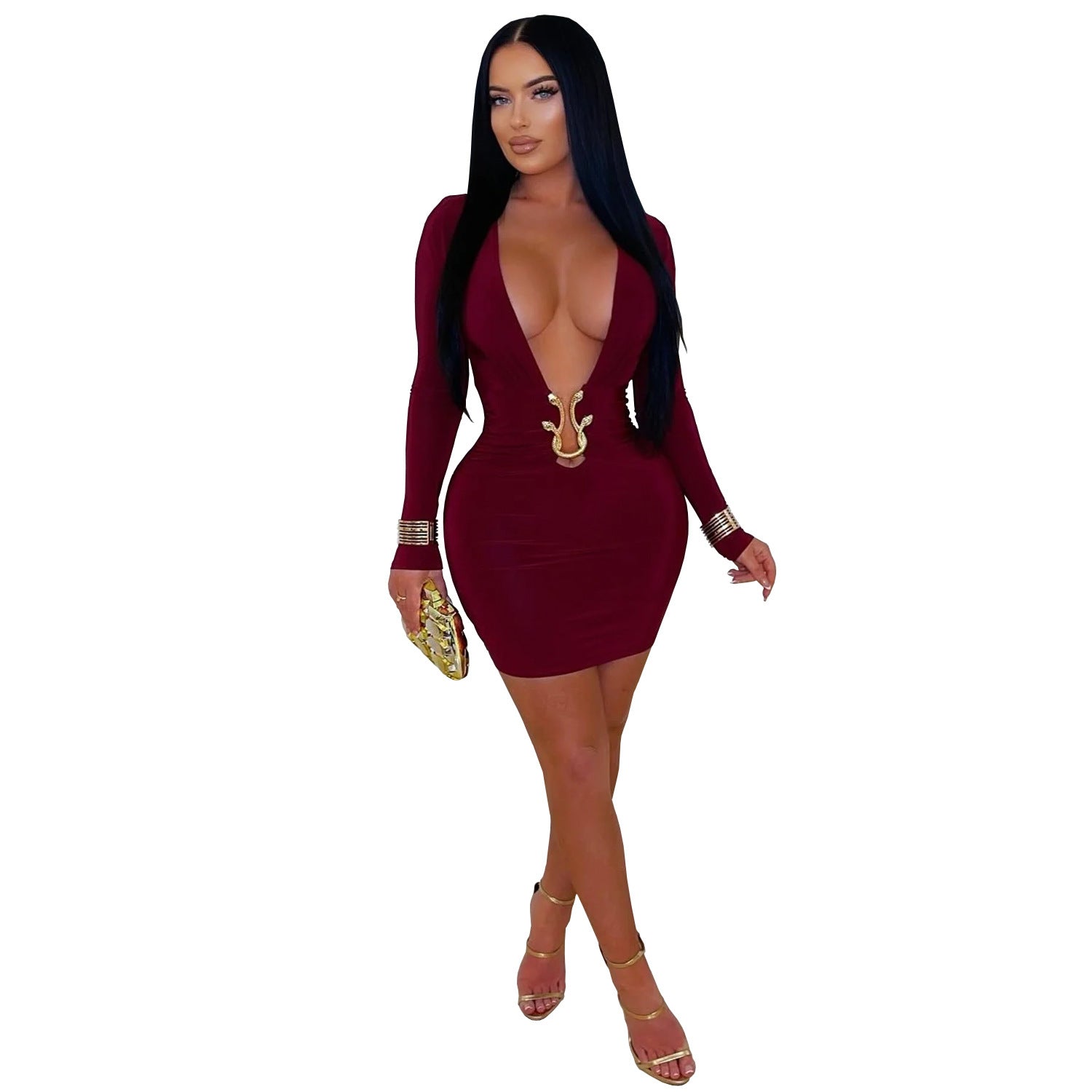 Women Wear Sexy Deep V Plunge Sheath Snake Shaped Accessories Dress by Ragazza