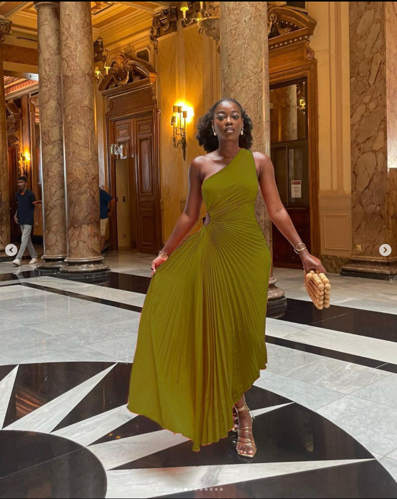Popular Slim One Shoulder Cutout Pleated Dress by Ragazza