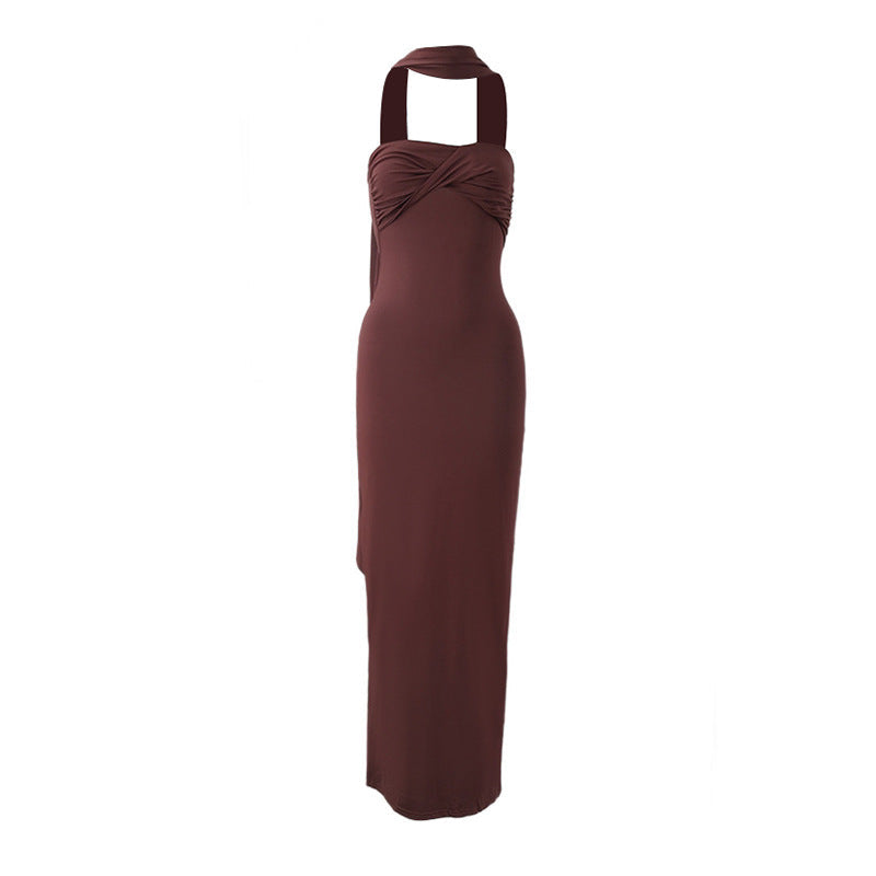Women Summer Halter Ribbon Twist Woven Wrapped Chest Backless Slim Fit Niche Maxi Dress  DestGlow