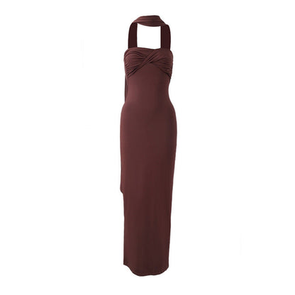 Women Summer Halter Ribbon Twist Woven Wrapped Chest Backless Slim Fit Niche Maxi Dress  DestGlow