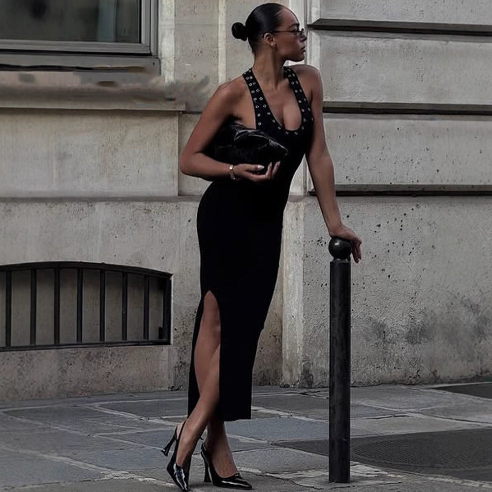 Sexy Personalized Perforated Slim Fit Slimming Sleeveless Halter Bare Back U Collar Waist High Elastic Solid Color Dress by Ragazza