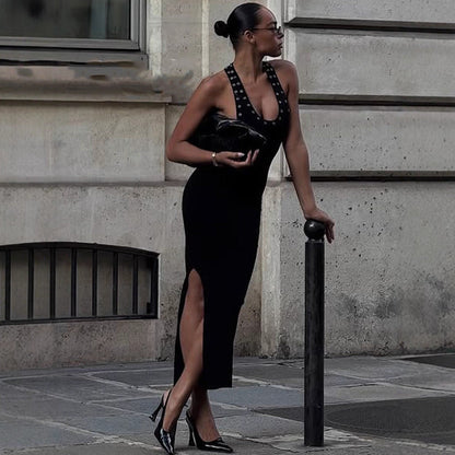 Sexy Personalized Perforated Slim Fit Slimming Sleeveless Halter Bare Back U Collar Waist High Elastic Solid Color Dress by Ragazza